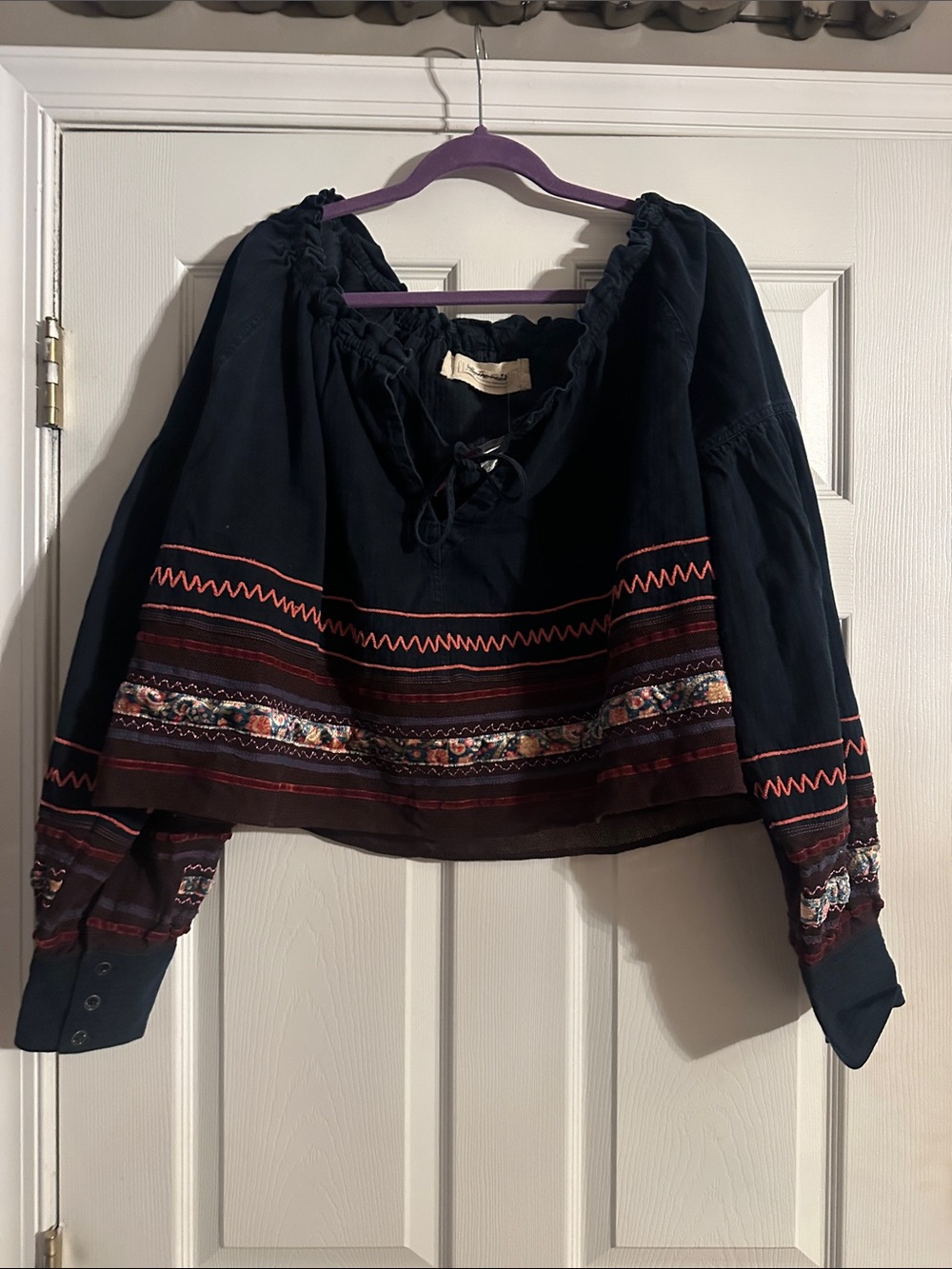 Free People Navy Embroidered Peasant Blouse